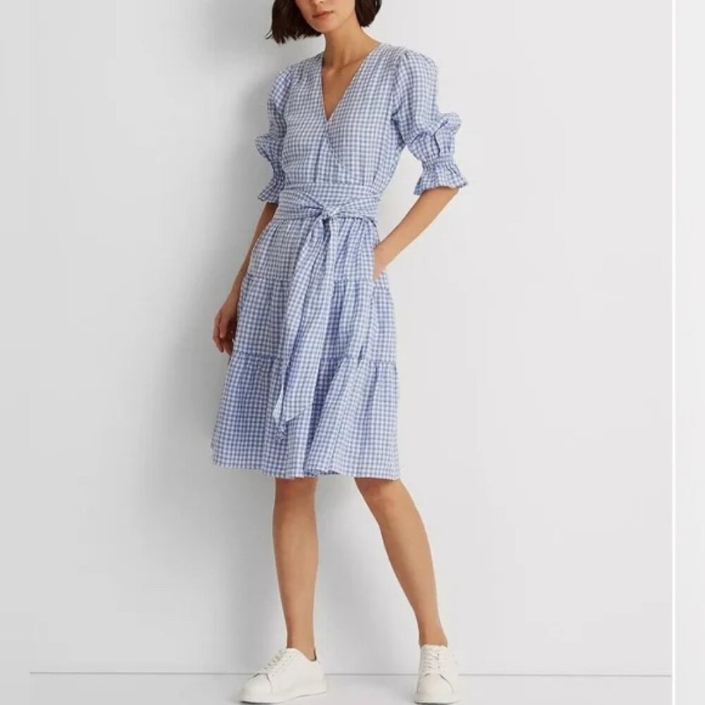 Lauren by Ralph Lauren Gingham Fit-and-Flare Linen Dress Blue White 12
